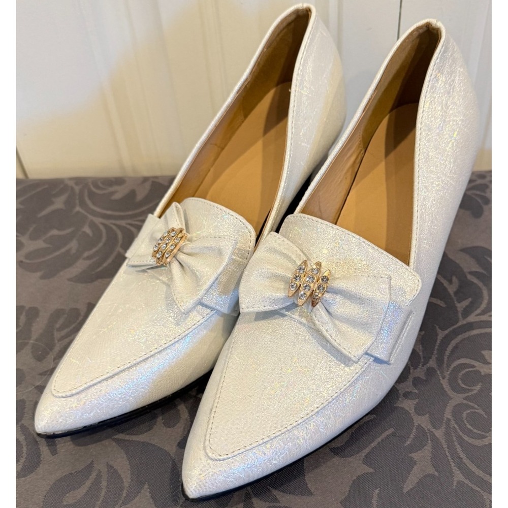 Women's White Iridescent Glitter Bow Rhinestone Pointed Toe Pumps Heels EU 40